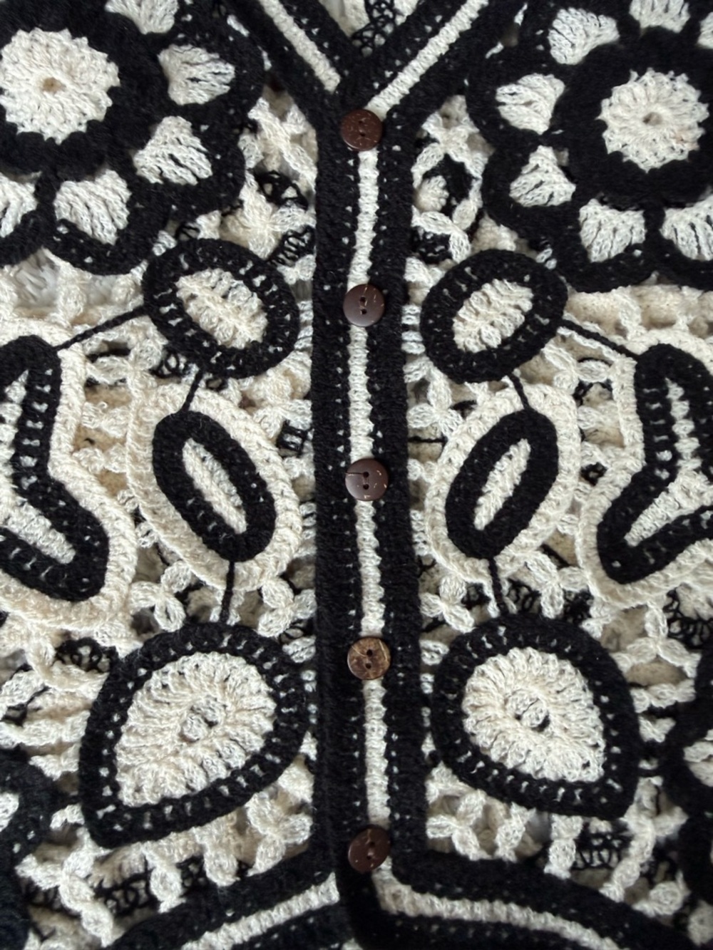 Black and Cream Crochet Vest with Floral Motif - Picture 2 of 4